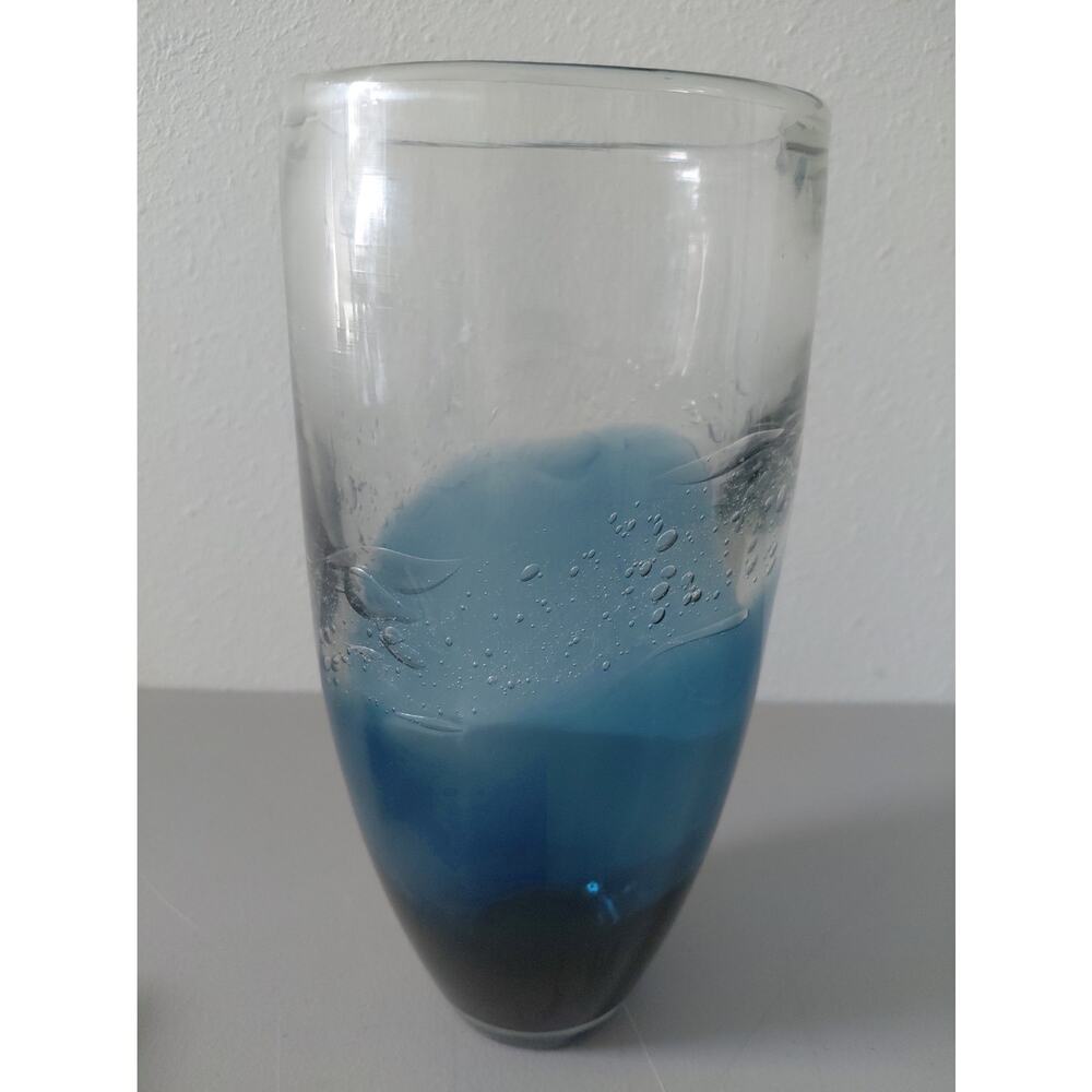 Ombre Blue Thick Glass Vase Mid Stripe Extended Bubbles Ocean Artistic Large MCM - Picture 6 of 11